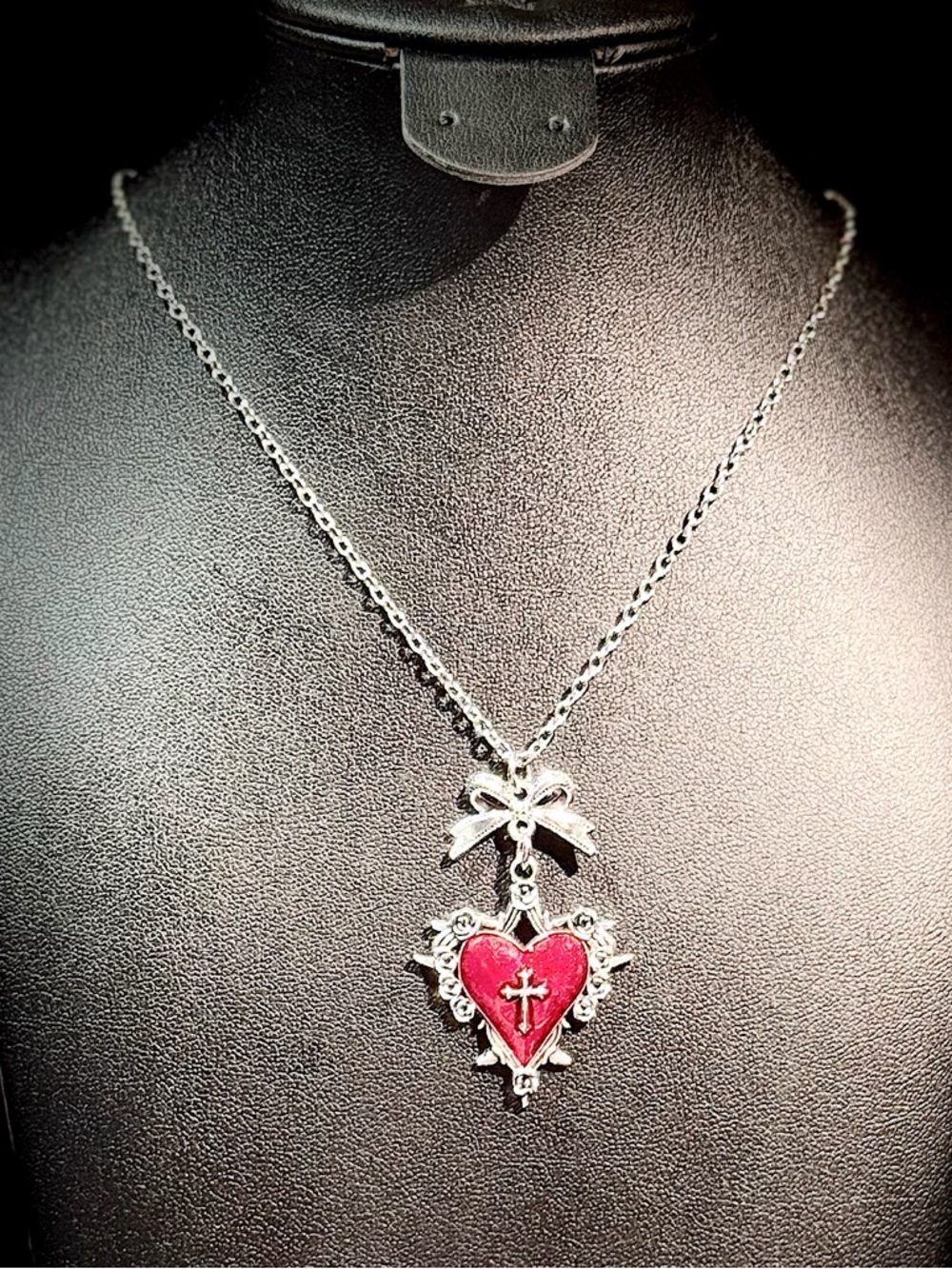 Silver Bow Necklace with Red Heart Cross Pendant